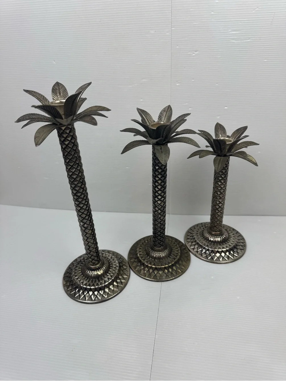 Vintage Silver Palm Tree Candlestick Holders – Tropical Coastal Decor Set